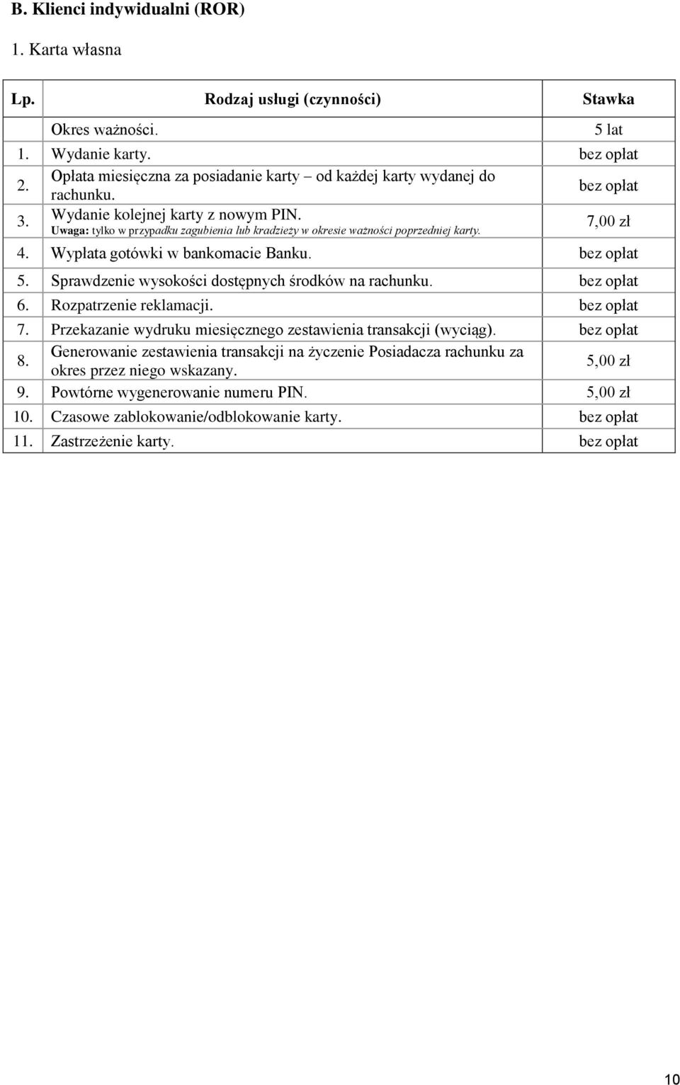 Uwaga: tylko w przypadku zagubienia lub kradzieży w okresie ważności poprzedniej karty. 7,00 zł 4. Wypłata gotówki w bankomacie Banku. 5.