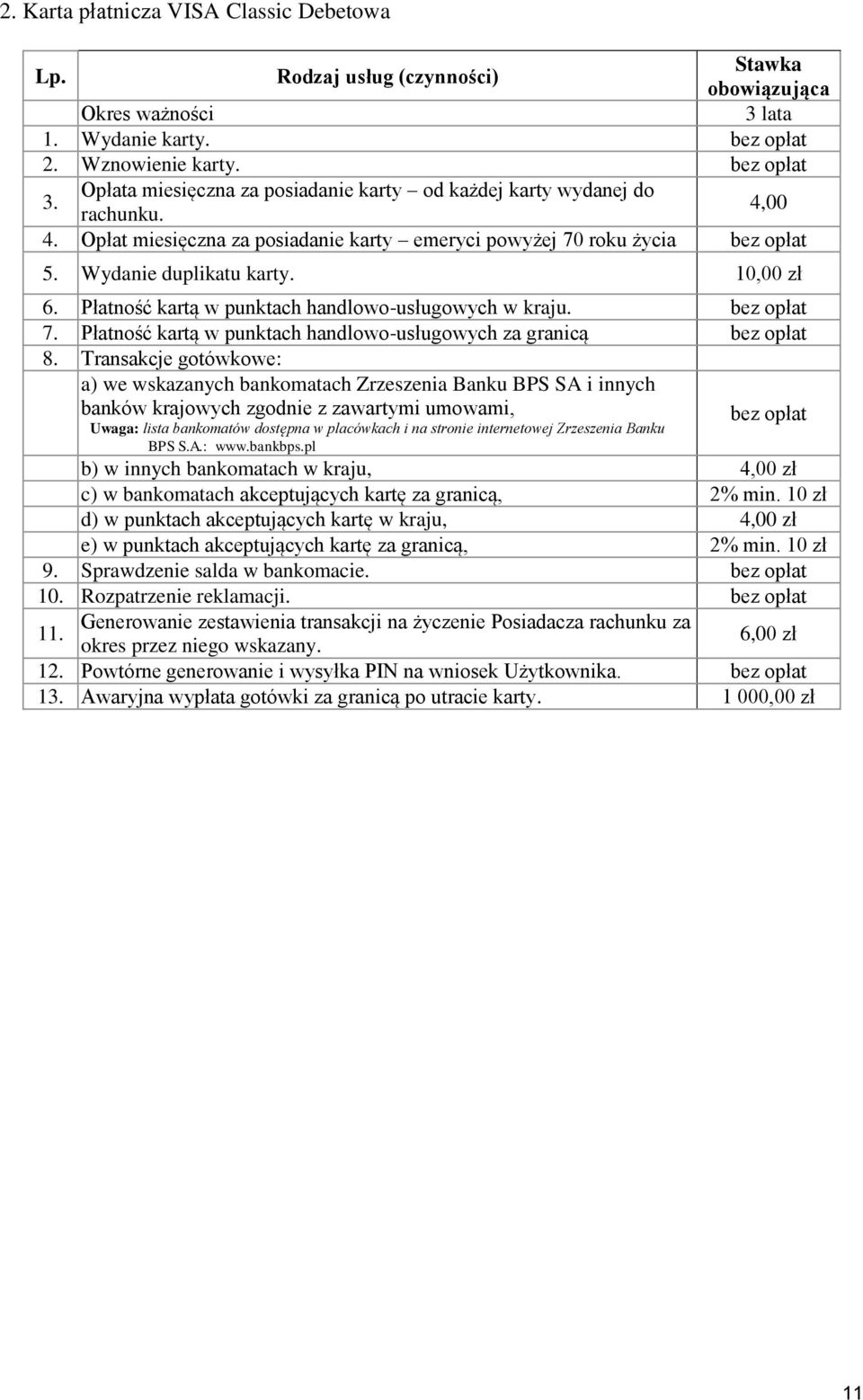 Transakcje gotówkowe: a) we wskazanych bankomatach Zrzeszenia Banku BPS SA i innych banków krajowych zgodnie z zawartymi umowami, Uwaga: lista bankomatów dostępna w placówkach i na stronie