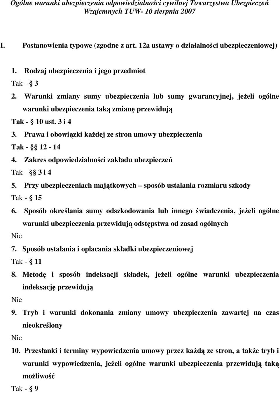 Prawa i obowiązki każdej ze stron umowy ubezpieczenia Tak - 12-14 4. Zakres odpowiedzialności zakładu ubezpieczeń Tak - 3 i 4 5.