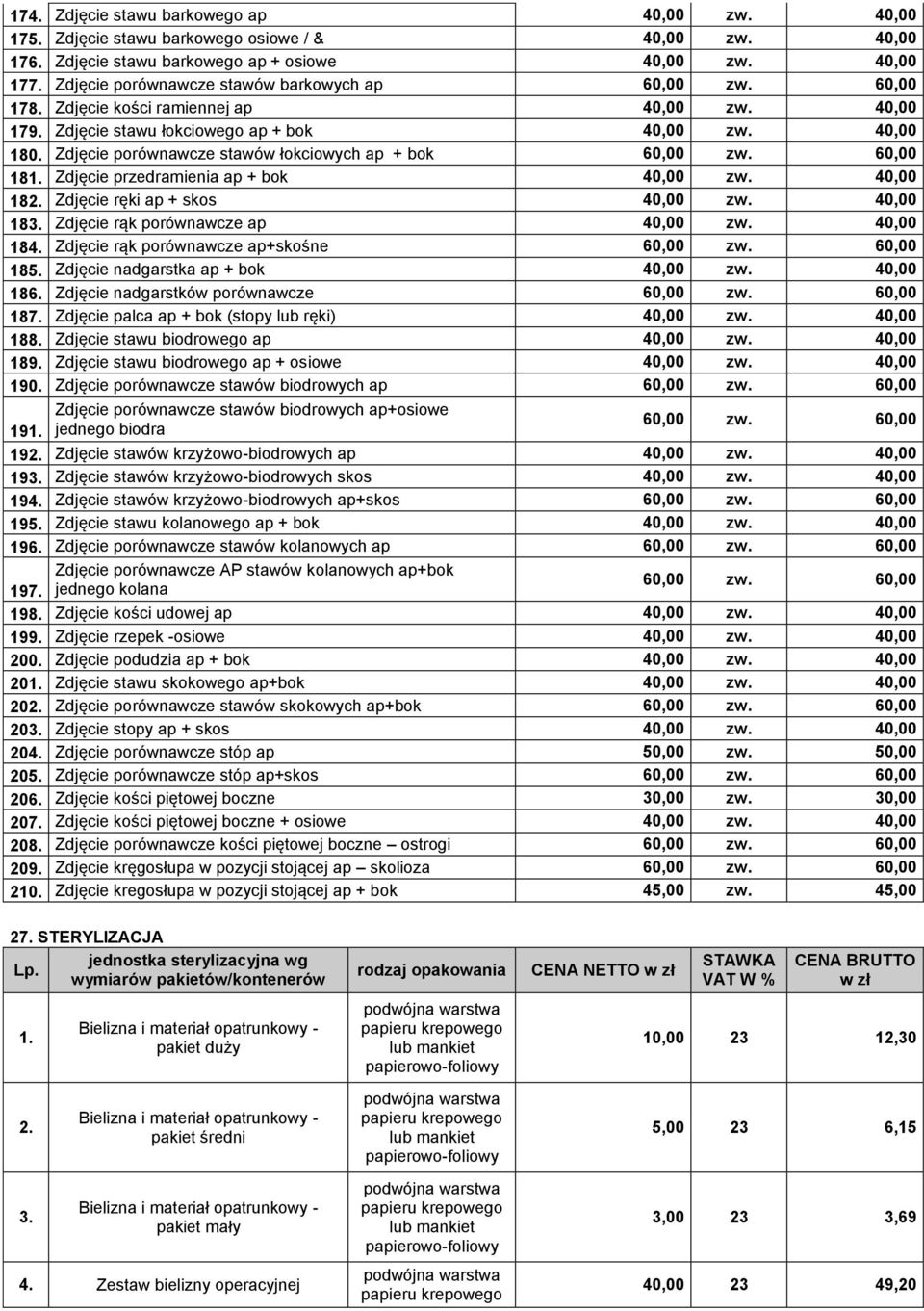 Zdjęcie porównawcze stawów łokciowych ap + bok 60,00 60,00 181. Zdjęcie przedramienia ap + bok 40,00 40,00 182. Zdjęcie ręki ap + skos 40,00 40,00 183. Zdjęcie rąk porównawcze ap 40,00 40,00 184.