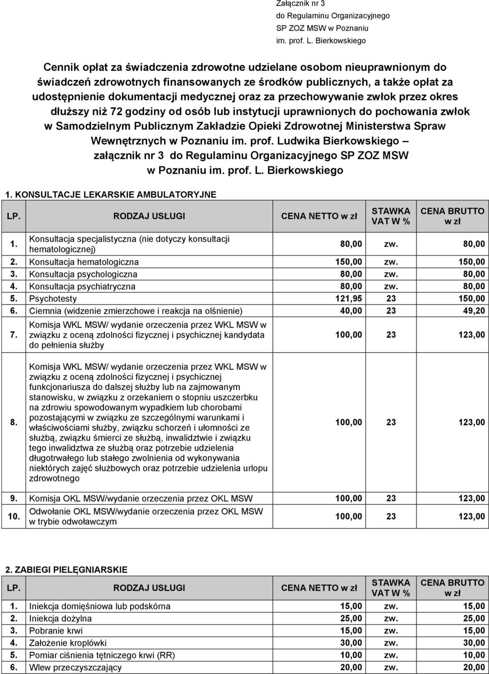 medycznej oraz za przechowywanie zwłok przez okres dłuższy niż 72 godziny od osób lub instytucji uprawnionych do pochowania zwłok w Samodzielnym Publicznym Zakładzie Opieki Zdrowotnej Ministerstwa