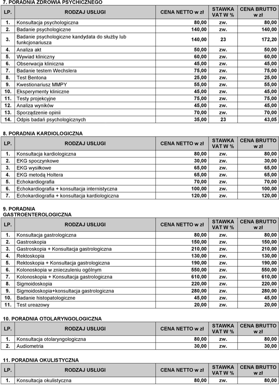 Badanie testem Wechslera 75,00 75,00 8. Test Bentona 25,00 25,00 9. Kwestionariusz MMPY 55,00 55,00 10. Eksperymenty kliniczne 45,00 45,00 11. Testy projekcyjne 75,00 75,00 12.