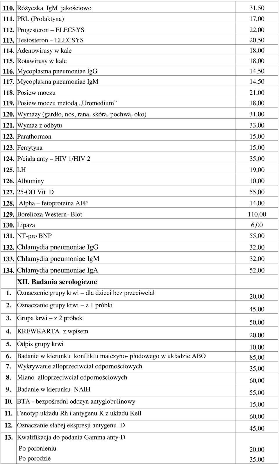 Wymaz z odbytu 33,00 122. Parathormon 15,00 123. Ferrytyna 15,00 124. P/ciała anty HIV 1/HIV 2 35,00 125. LH 19,00 126. Albuminy 10,00 127. 25-OH Vit D 55,00 128. Alpha fetoproteina AFP 14,00 129.