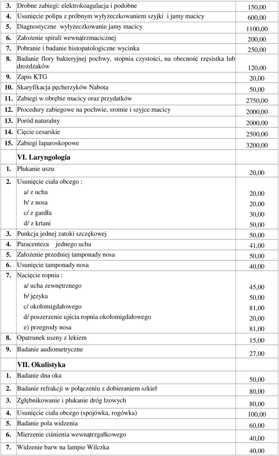 Zapis KTG 10. Skaryfikacja pęcherzyków Nabota 11. Zabiegi w obrębie macicy oraz przydatków 27 12. Procedury zabiegowe na pochwie, sromie i szyjce macicy 2000,00 13. Poród naturalny 2000,00 14.