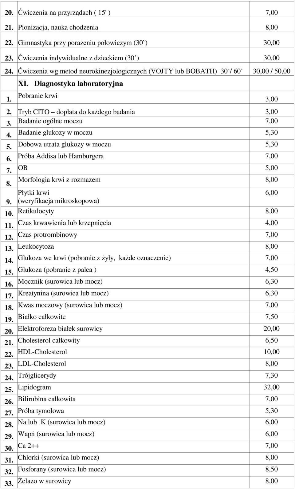 Badanie glukozy w moczu 5,30 5. Dobowa utrata glukozy w moczu 5,30 6. Próba Addisa lub Hamburgera 7,00 7. OB 5,00 8. Morfologia krwi z rozmazem 8,00 Płytki krwi 6,00 9. (weryfikacja mikroskopowa) 10.