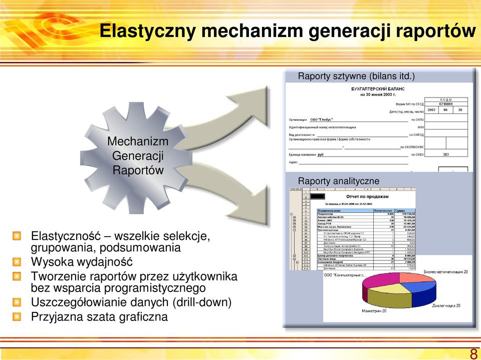 grupowania, podsumowania Wysoka wydajno Tworzenie raportów przez u ytkownika bez