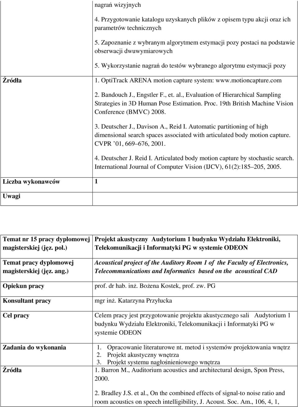 OptiTrack ARENA motion capture system: www.motioncapture.com 2. Bandouch J., Engstler F., et. al., Evaluation of Hierarchical Sampling Strategies in 3D Human Pose Estimation. Proc.