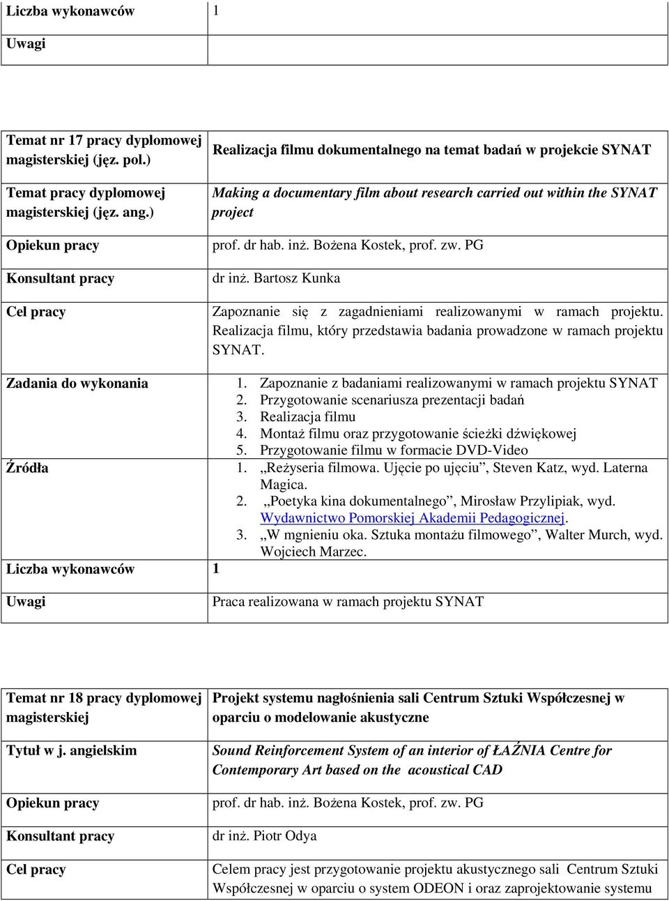 Zapoznanie z badaniami realizowanymi w ramach projektu SYNAT 2. Przygotowanie scenariusza prezentacji badań 3. Realizacja filmu 4. Montaż filmu oraz przygotowanie ścieżki dźwiękowej 5.