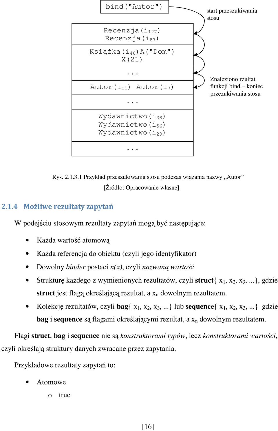 1.4 Możliwe rezultaty zapytań W podejściu stosowym rezultaty zapytań mogą być następujące: KaŜda wartość atomową KaŜda referencja do obiektu (czyli jego identyfikator) Dowolny binder postaci n(x),