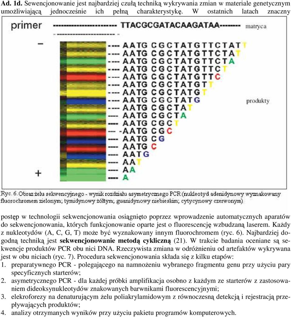 wzbudzaną laserem. KaŜdy z nukleotydów (A, C, G, T) moŝe być wyznakowany innym fluorochromem (ryc. 6). Najbardziej dogodną techniką jest sekwencjonowanie metodą cykliczną (21).