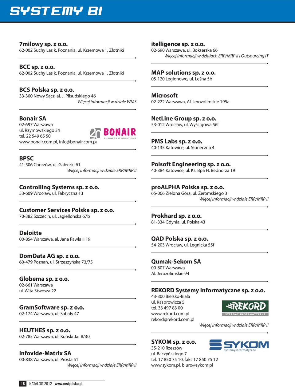 Gałeczki 61 Controlling Systems sp. z o.o. 53-609 Wrocław, ul. Fabryczna 13 Customer Services Polska sp. z o.o. 70-382 Szczecin, ul. Jagiellońska 67b Deloitte 00-854 Warszawa, al.