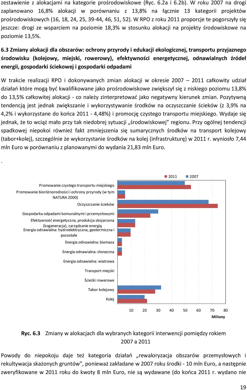 W RPO z roku 2011 proporcje te pogorszyły się jeszcze: drogi ze wsparciem na poziomie 18,3% w stosunku alokacji na projekty środowiskowe na poziomie 13,5%. 6.