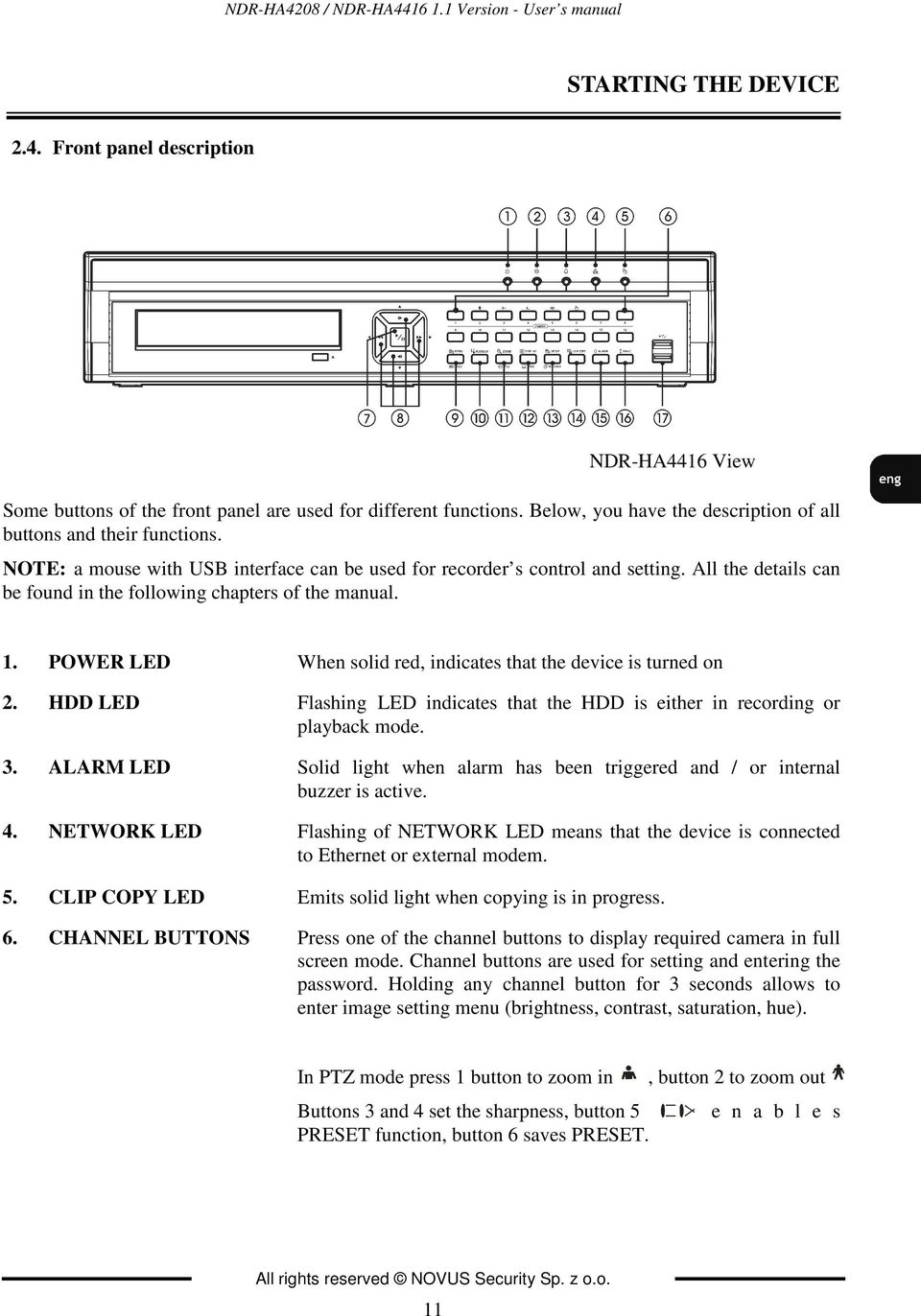 All the details can be found in the following chapters of the manual. 1. POWER LED When solid red, indicates that the device is turned on 2.