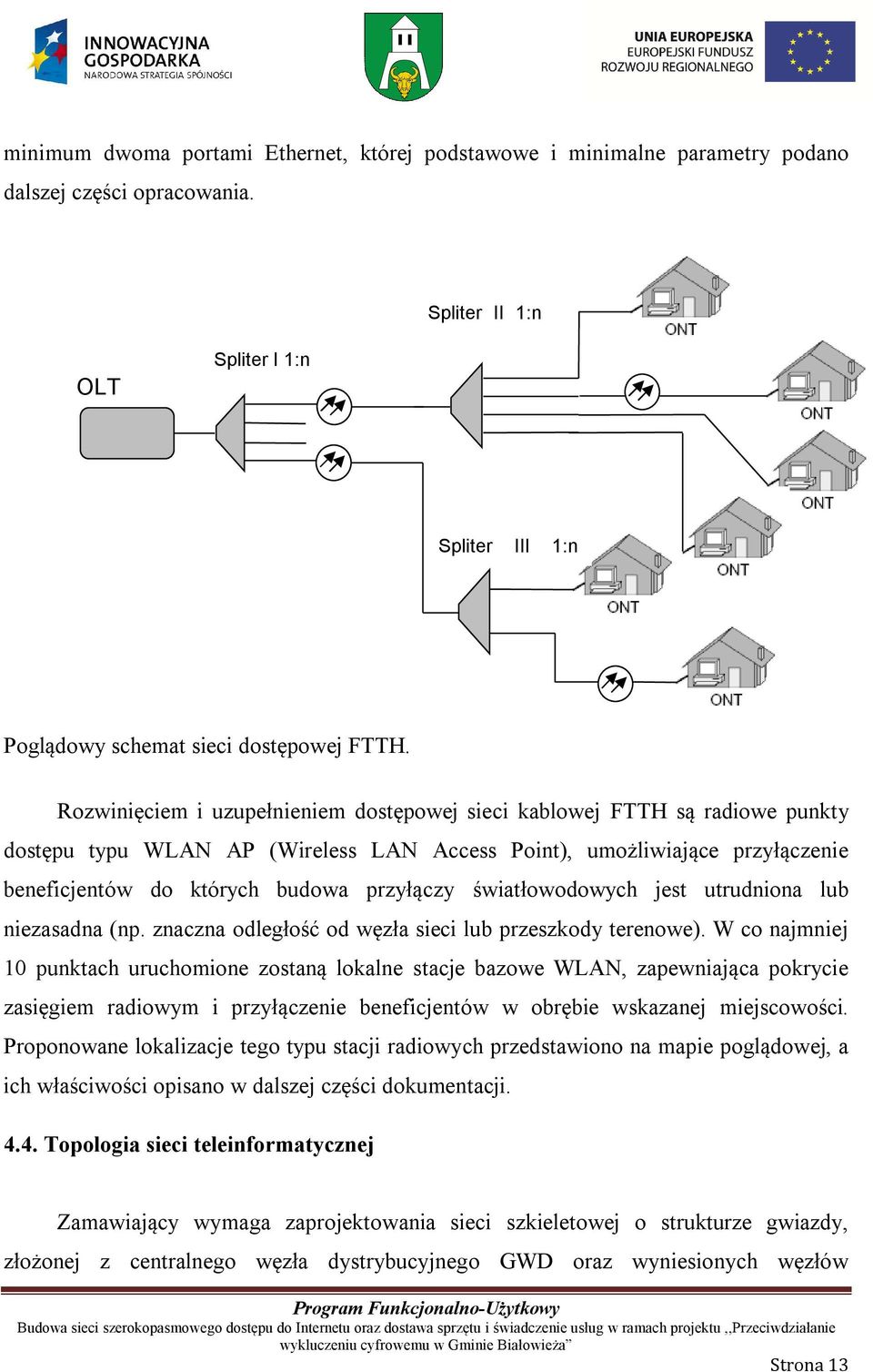 Rozwinięciem i uzupełnieniem dostępowej sieci kablowej FTTH są radiowe punkty dostępu typu WLAN AP (Wireless LAN Access Point), umożliwiające przyłączenie beneficjentów do których budowa przyłączy