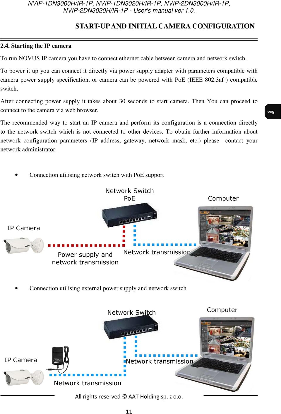 To power it up you can connect it directly via power supply adapter with parameters compatible with camera power supply specification, or camera can be powered with PoE (IEEE 802.