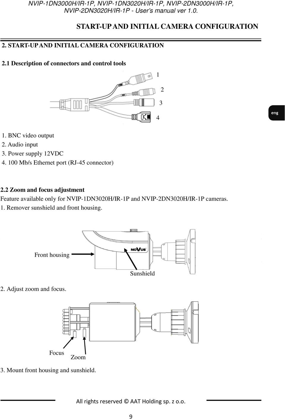 1 Description of connectors and control tools IP camera 230 VAC / 12 VDC power supply Accessories bag Short version of user s manual 1. BNC CD video containing output manual and software 2.