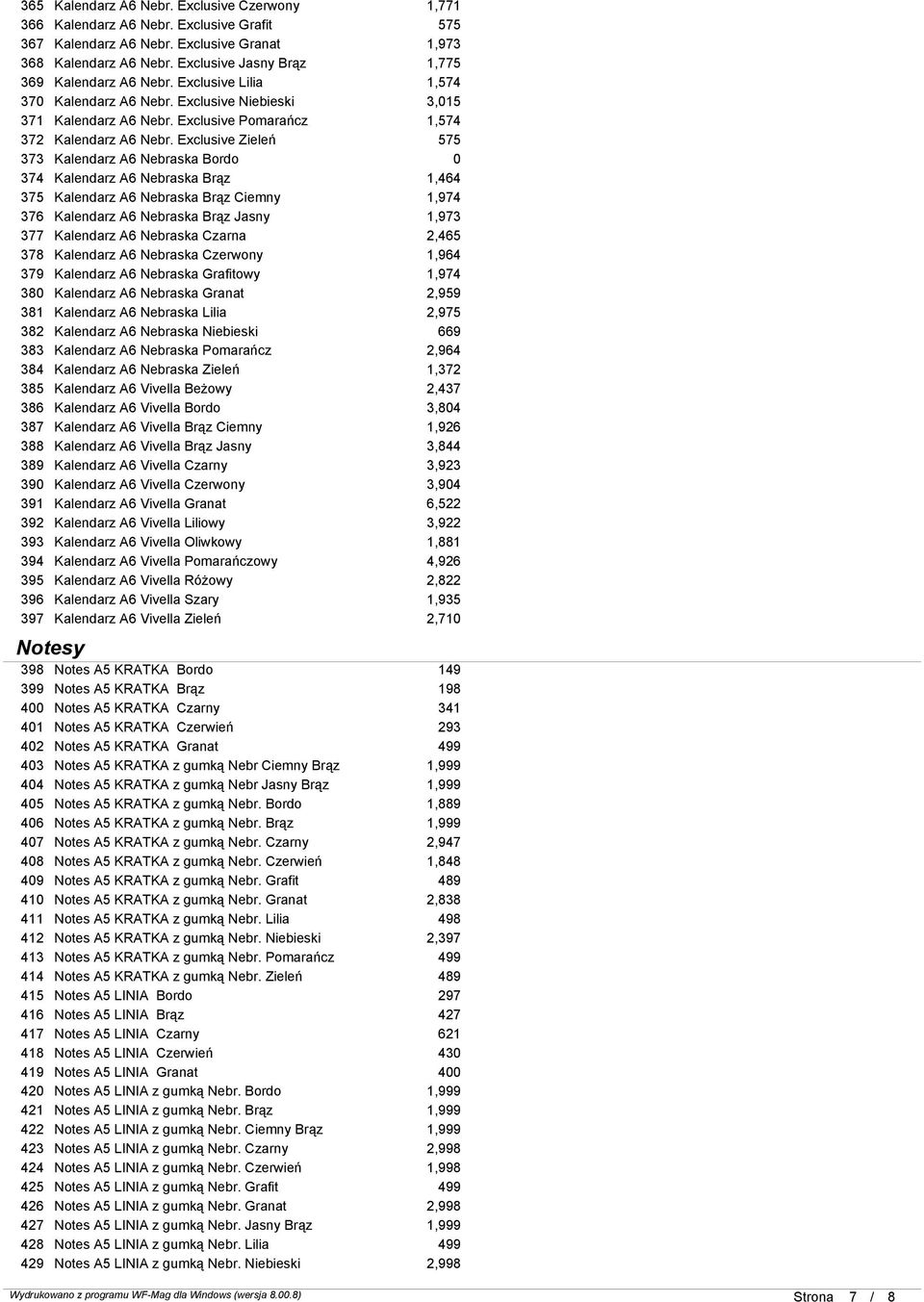 Exclusive Zieleń 575 373 Kalendarz A6 Nebraska Bordo 0 374 Kalendarz A6 Nebraska Brąz 1,464 375 Kalendarz A6 Nebraska Brąz Ciemny 1,974 376 Kalendarz A6 Nebraska Brąz Jasny 1,973 377 Kalendarz A6