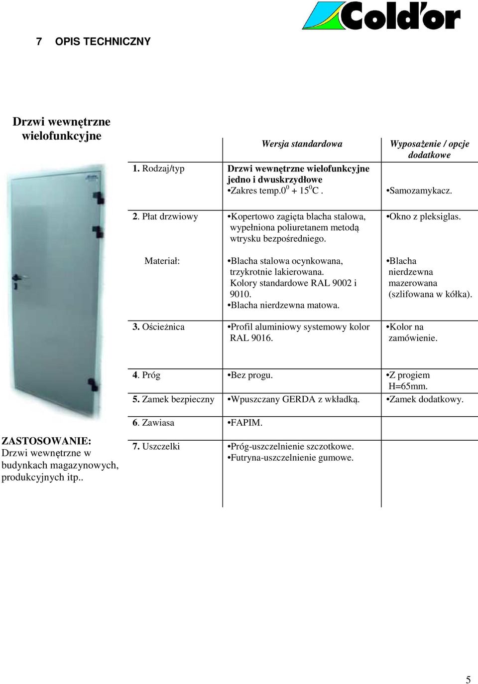 Blacha stalowa ocynkowana, trzykrotnie lakierowana. Kolory standardowe RAL 9002 i 9010. Blacha nierdzewna matowa. Okno z pleksiglas. Blacha nierdzewna mazerowana (szlifowana w kółka). 3.