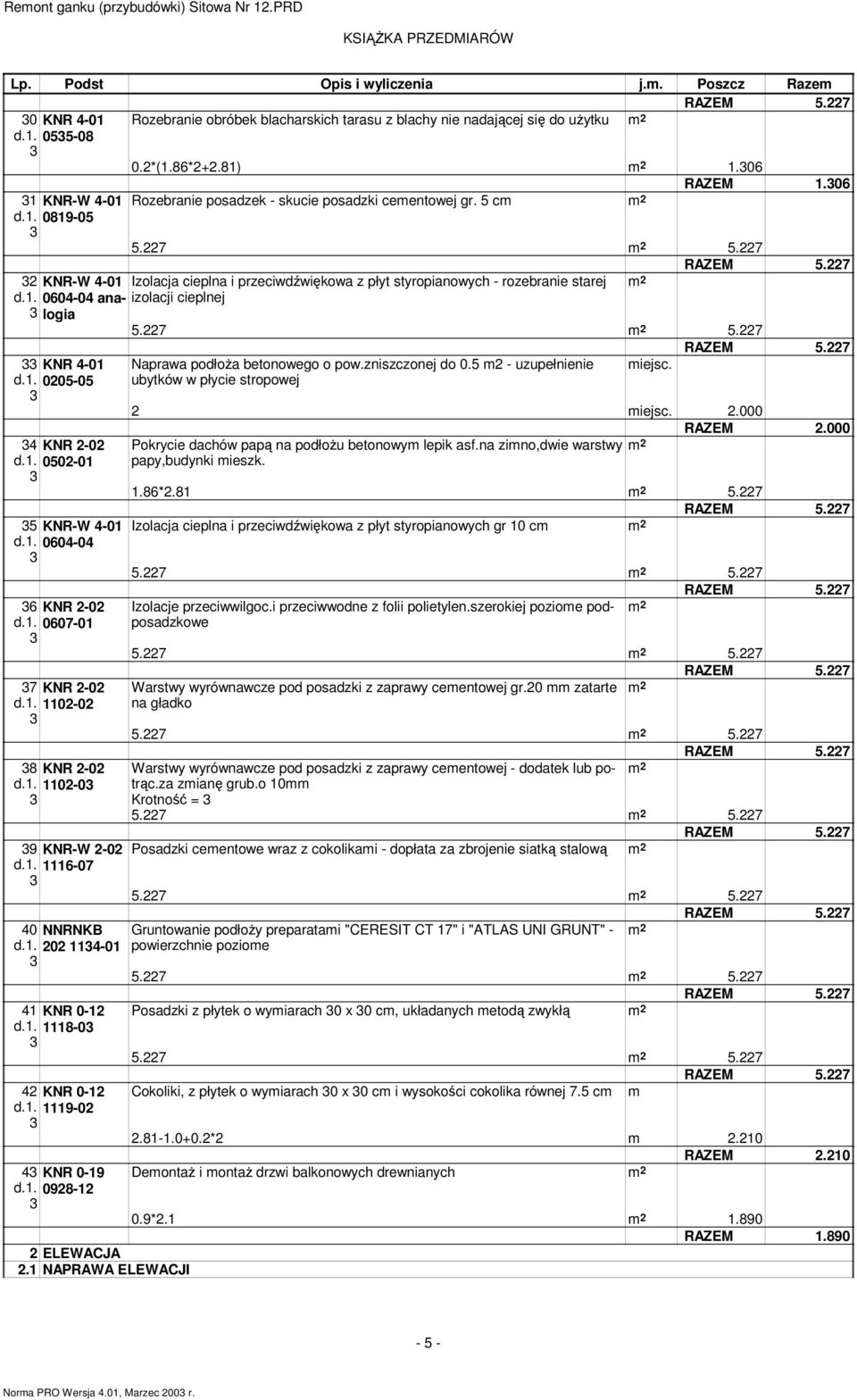 . 060-0 analogia izolacji cieplnej.7.7 RAZEM.7 KNR -0 Naprawa podłoża betonowego o pow.zniszczonej do 0. - uzupełnienie iejsc. d.. 00-0 ubytków w płycie stropowej iejsc..000 KNR -0 d.. 00-0 KNR-W -0 d.