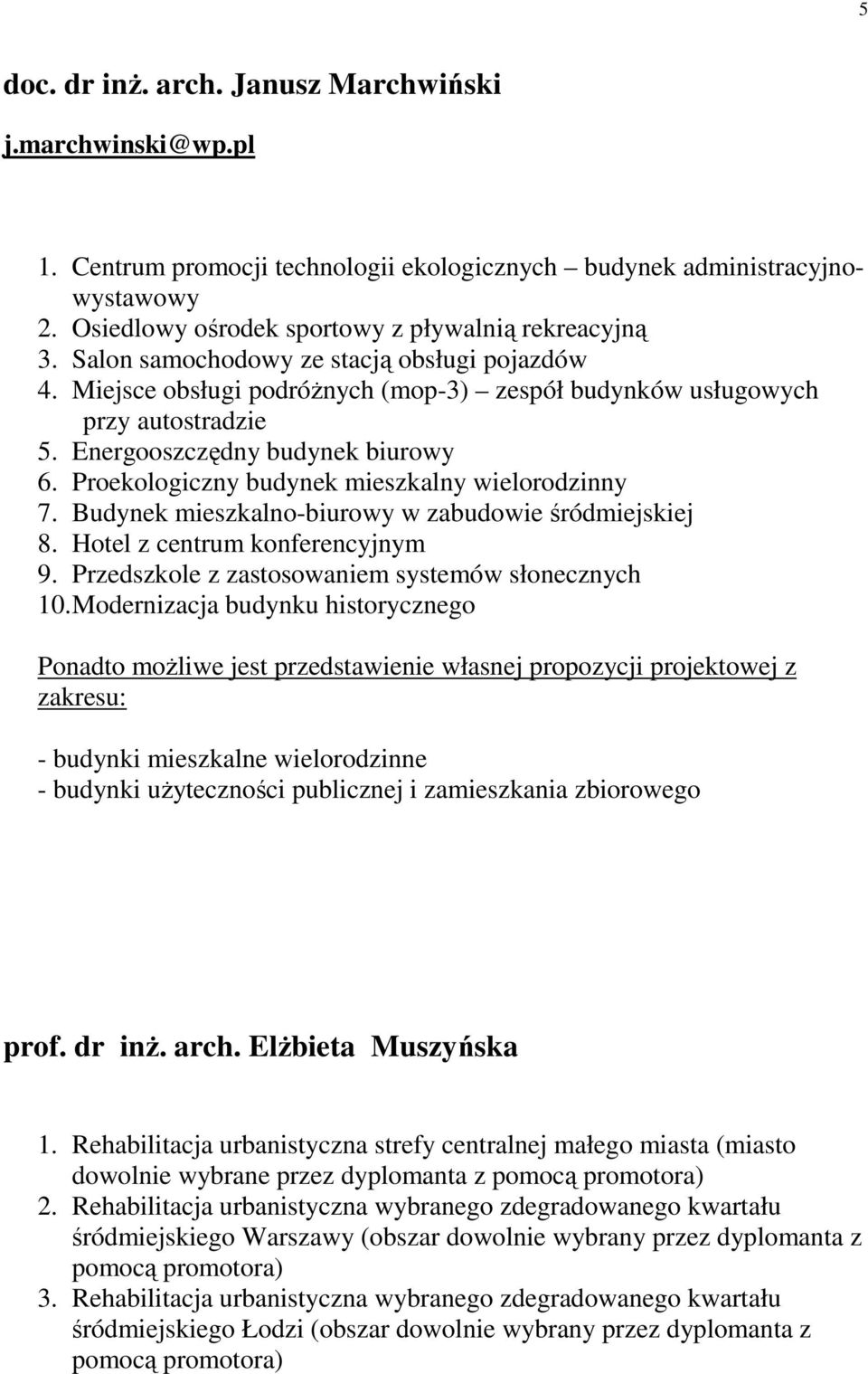 Proekologiczny budynek mieszkalny wielorodzinny 7. Budynek mieszkalno-biurowy w zabudowie śródmiejskiej 8. Hotel z centrum konferencyjnym 9. Przedszkole z zastosowaniem systemów słonecznych 10.