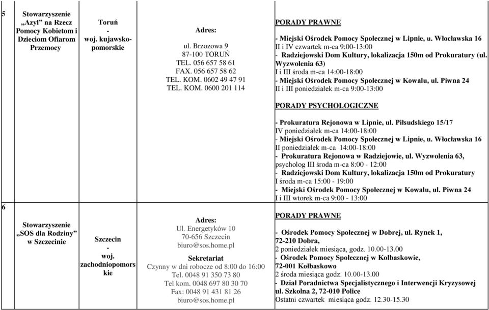 Wyzwolenia 63) I i III środa mca 14:0018:00 Miejski Ośrodek Pomocy Społecznej w Kowalu, ul. Piwna 24 II i III poniedziałek mca 9:0013:00 6 Stowarzyszenie SOS dla Rodziny w Szczecinie Szczecin woj.