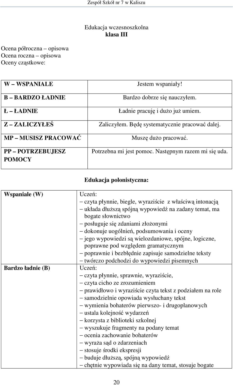 Edukacja polonistyczna: Wspaniale (W) Bardzo ładnie (B) Uczeń: czyta płynnie, biegle, wyraziście z właściwą intonacją układa dłuŝszą spójną wypowiedź na zadany temat, ma bogate słownictwo posługuje