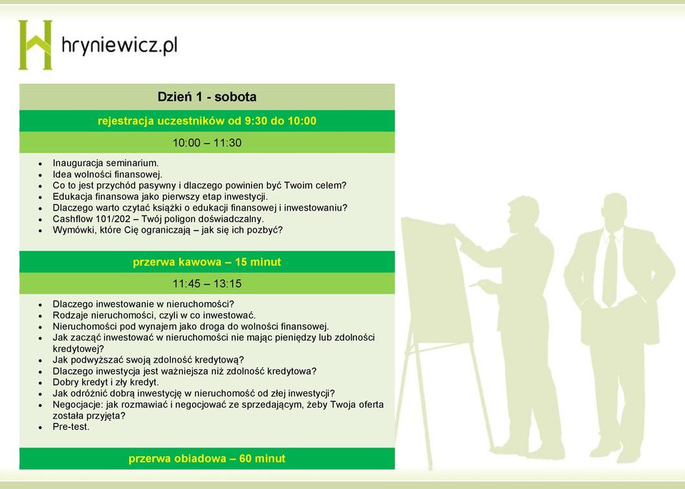 Wymówki, które Cię ograniczają jak się ich pozbyć? przerwa kawowa 15 minut 11:45 13:15 Dlaczego inwestowanie w nieruchomości? Rodzaje nieruchomości, czyli w co inwestować.