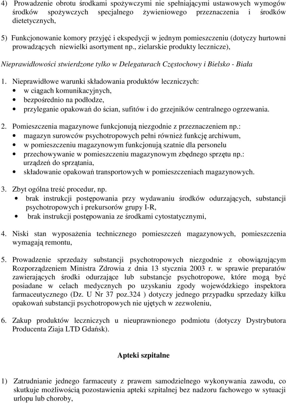 , zielarskie produkty lecznicze), Nieprawidłowości stwierdzone tylko w Delegaturach Częstochowy i Bielsko Biała.