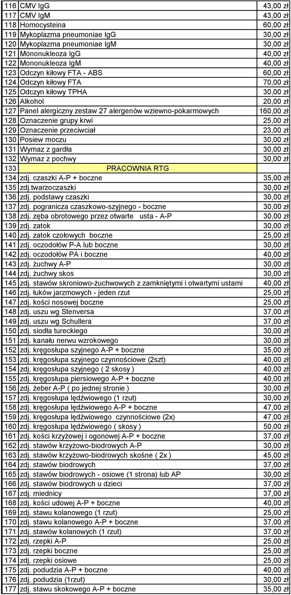 zł 128 Oznaczenie grupy krwi 25,00 zł 129 Oznaczenie przeciwciał 23,00 zł 130 Posiew moczu 30,00 zł 131 Wymaz z gardła 30,00 zł 132 Wymaz z pochwy 30,00 zł 133 PRACOWNIA RTG 134 zdj.