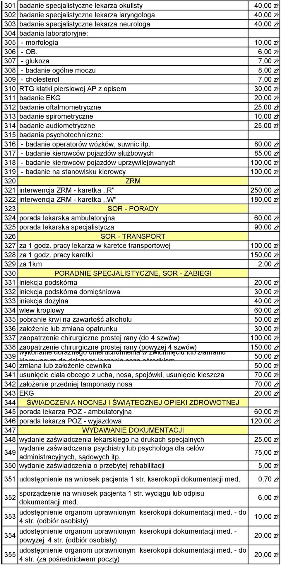 6,00 zł 307 - glukoza 7,00 zł 308 - badanie ogólne moczu 8,00 zł 309 - cholesterol 7,00 zł 310 RTG klatki piersiowej AP z opisem 30,00 zł 311 badanie EKG 20,00 zł 312 badanie oftalmometryczne 25,00