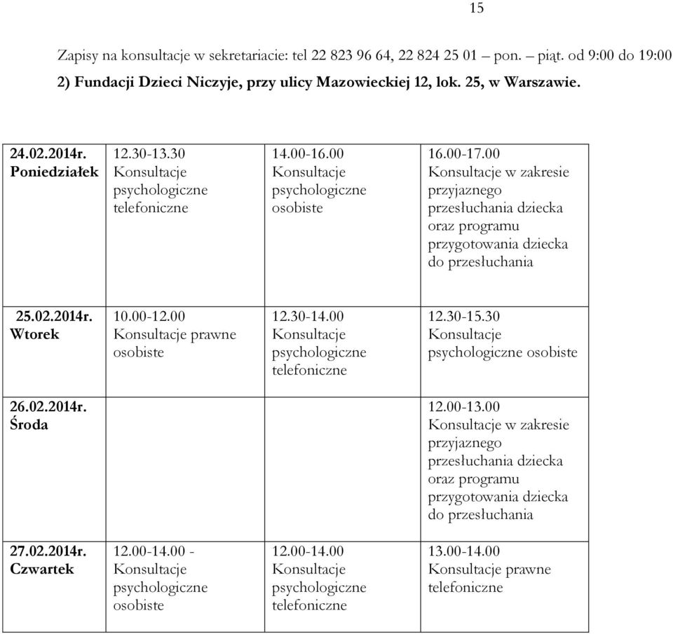 00 Konsultacje w zakresie przyjaznego przesłuchania dziecka oraz programu przygotowania dziecka do przesłuchania 25.02.2014r. Wtorek 10.00-12.00 Konsultacje prawne osobiste 12.30-14.