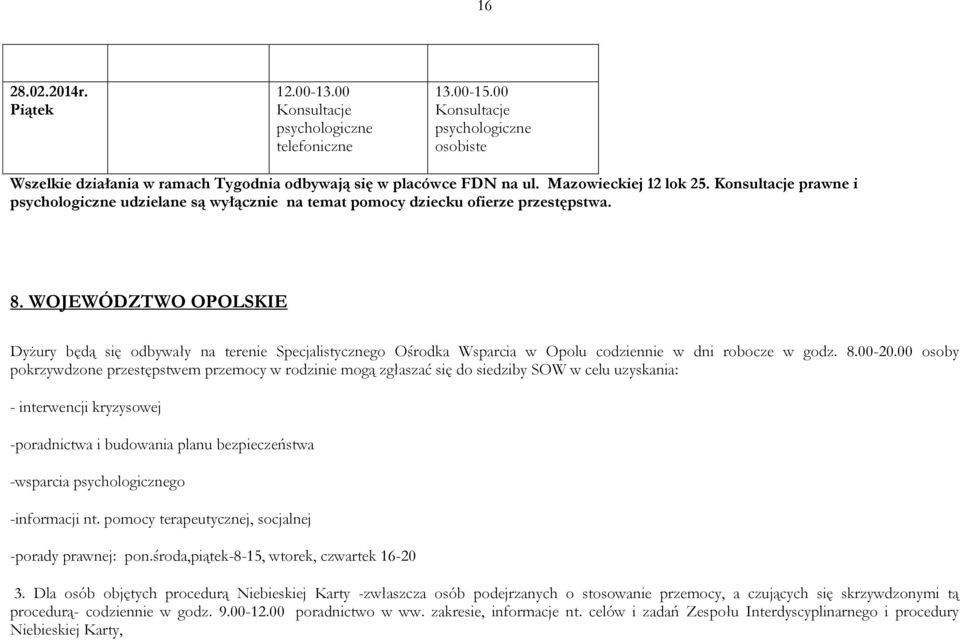 WOJEWÓDZTWO OPOLSKIE Dyżury będą się odbywały na terenie Specjalistycznego Ośrodka Wsparcia w Opolu codziennie w dni robocze w godz. 8.00-20.