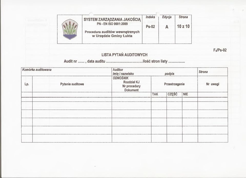 ..ilość stron lis ty... F4/PS-02 Komórka auditowana Lp.
