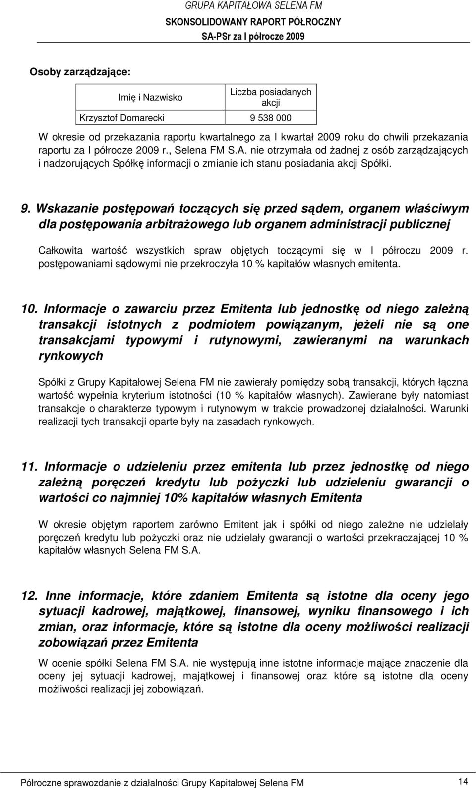 Wskazanie postępowań toczących się przed sądem, organem właściwym dla postępowania arbitraŝowego lub organem administracji publicznej Całkowita wartość wszystkich spraw objętych toczącymi się w I