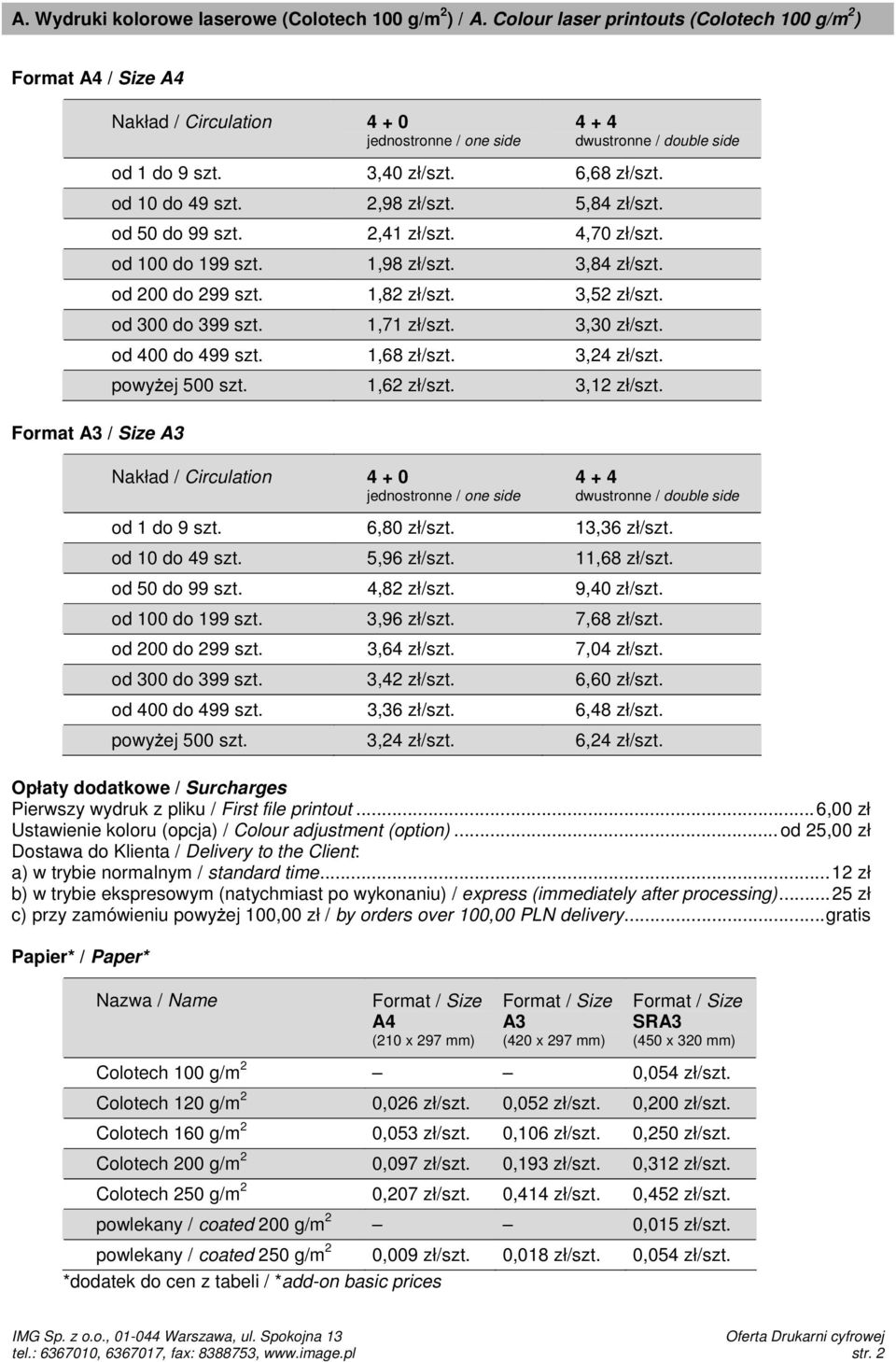 3,30 zł/szt. od 400 do 499 szt. 1,68 zł/szt. 3,24 zł/szt. powyżej 500 szt. 1,62 zł/szt. 3,12 zł/szt. Nakład / Circulation 4 + 0 4 + 4 od 1 do 9 szt. 6,80 zł/szt. 13,36 zł/szt. od 10 do 49 szt.