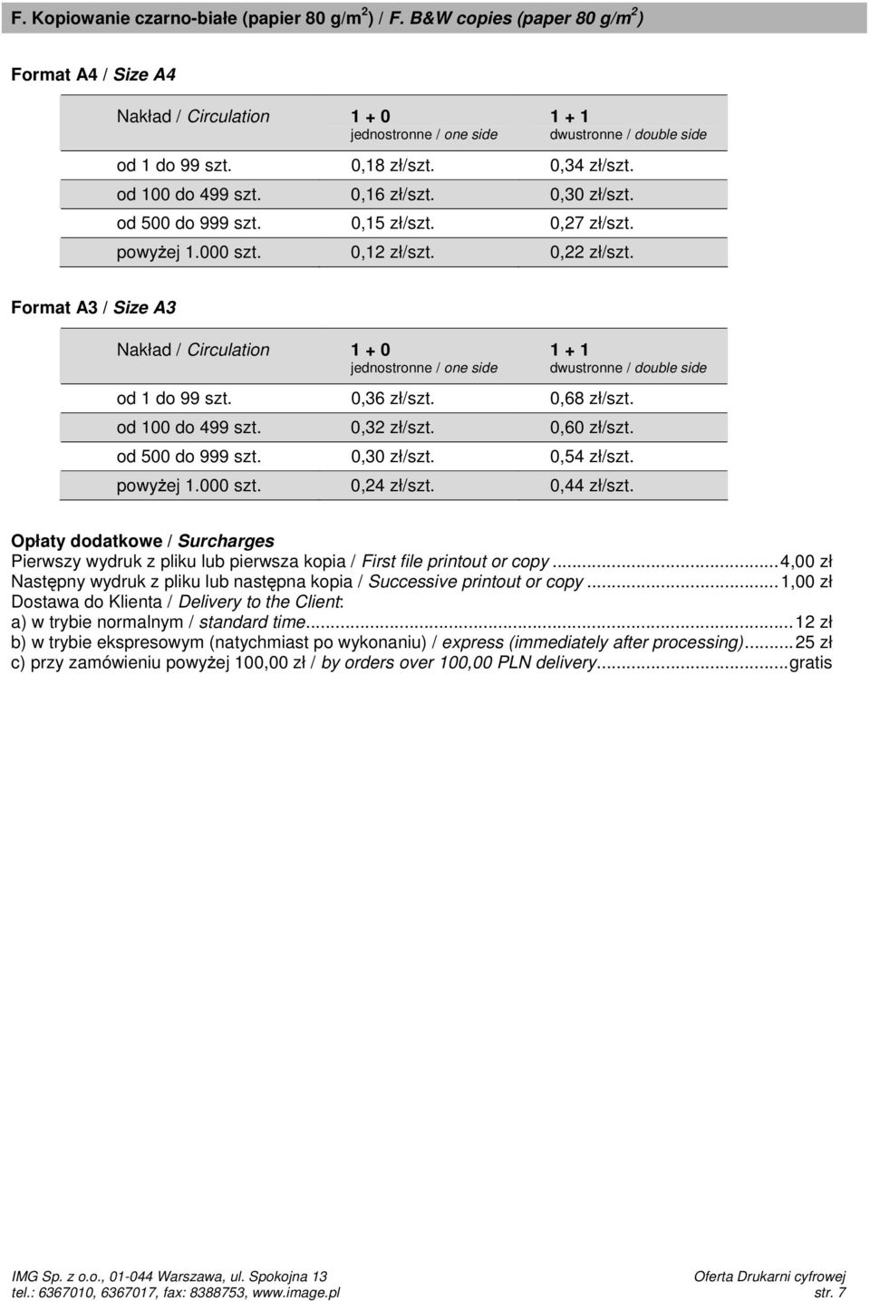 0,32 zł/szt. 0,60 zł/szt. od 500 do 999 szt. 0,30 zł/szt. 0,54 zł/szt. powyżej 1.000 szt. 0,24 zł/szt. 0,44 zł/szt.