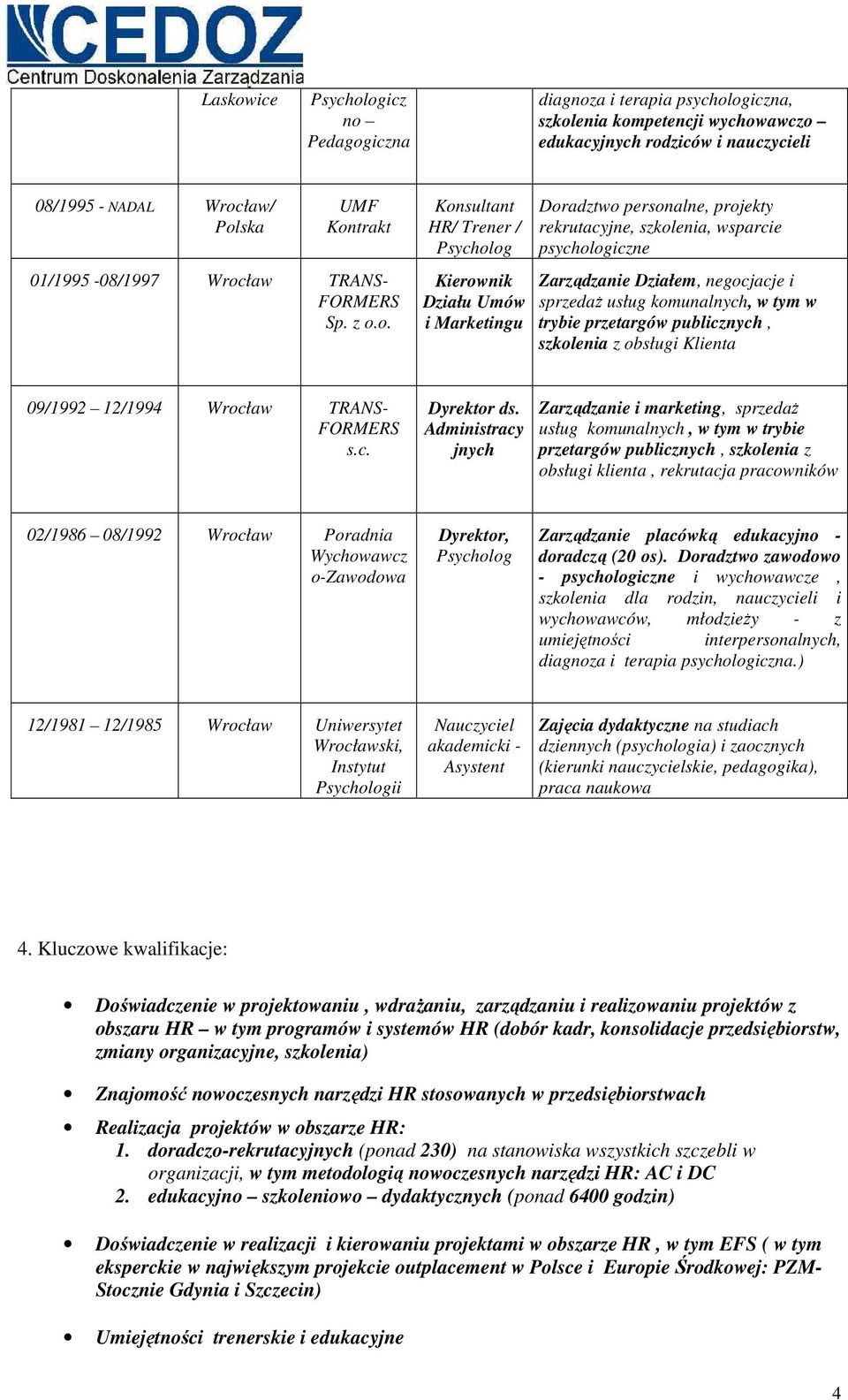 o. Konsultant HR/ / Kierownik Działu Umów i Marketingu Doradztwo personalne, projekty rekrutacyjne, szkolenia, wsparcie iczne Zarządzanie Działem, negocjacje i sprzedaŝ usług komunalnych, w tym w