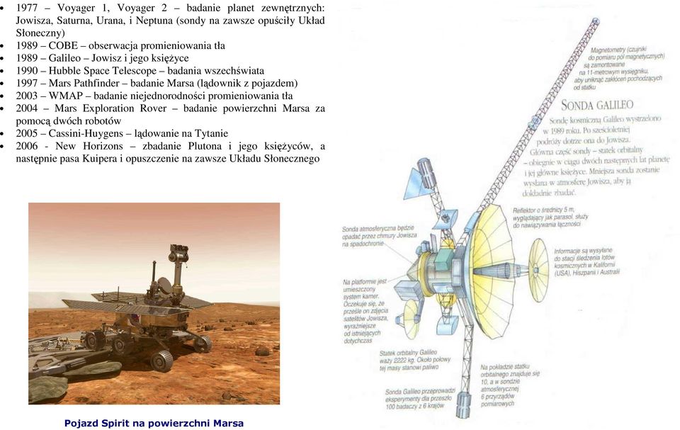 2003 WMAP badanie niejednorodności promieniowania tła 2004 Mars Exploration Rover badanie powierzchni Marsa za pomocą dwóch robotów 2005 Cassini-Huygens