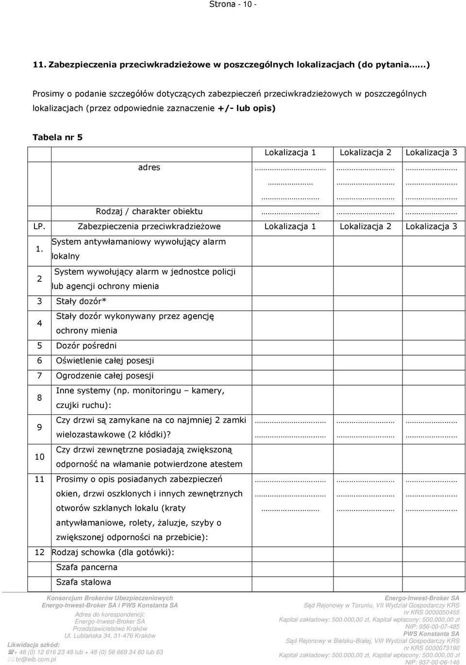 odpowiednie zaznaczenie +/- lub opis) Tabela nr 5 Lokalizacja 1 Lokalizacja 2 Lokalizacja 3 adres Rodzaj / charakter obiektu LP.