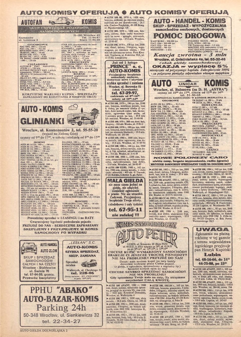 , -16 min SKODA SI00, 1974 r - 4 min SKODA 1001. - 1972 r.t - 6 min VW PASSAT COMBI DIESEL TURBO - 1990 r., - 250 min C I Ę Ż A R O W E A UTOBUS FIA T VAN-HOOL, 1974/84 r.