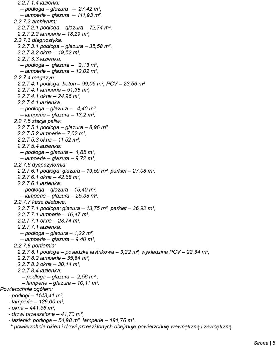 2.7.4.1 łazienka: podłoga glazura 4,40 m², lamperie glazura 13,2 m², 2.2.7.5 stacja paliw: 2.2.7.5.1 podłoga glazura 8,96 m², 2.2.7.5.2 lamperie 7,02 m², 2.2.7.5.3 okna 11,52 m², 2.2.7.5.4 łazienka: podłoga glazura 1,85 m², lamperie glazura 9,72 m², 2.