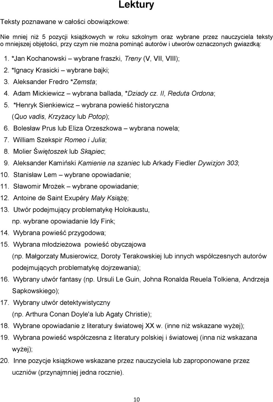 Adam Mickiewicz wybrana ballada, *Dziady cz. II, Reduta Ordona; 5. *Henryk Sienkiewicz wybrana powieść historyczna (Quo vadis, Krzyżacy lub Potop); 6.