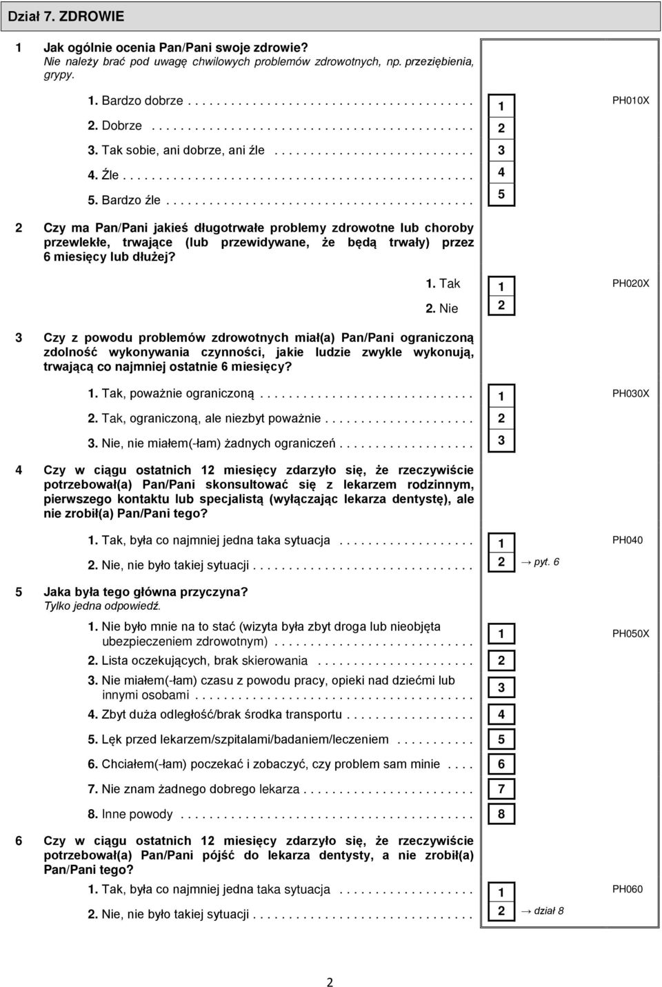 .. Czy ma Pan/Pani jakieś długotrwałe problemy zdrowotne lub choroby przewlekłe, trwające (lub przewidywane, że będą trwały) przez 6 miesięcy lub dłużej? 1 4 5 PH010X PH00X.