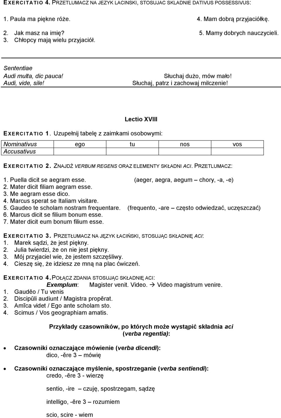 Uzupełnij tabelę z zaimkami osobowymi: Nominativus ego tu nos vos Accusativus EXERCI T ATIO 2. ZNAJDŹ VERBUM REGENS ORAZ ELEMENTY SKŁADNI ACI. PRZETLUMACZ: 1. Puella dicit se aegram esse.