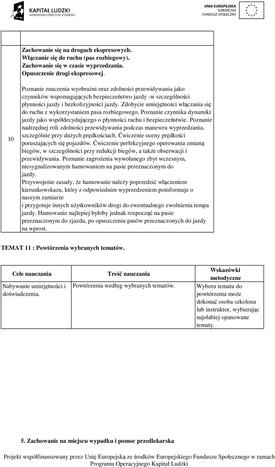 Zdobycie umiejętności włączania się do ruchu z wykorzystaniem pasa rozbiegowego. Poznanie czynnika dynamiki jazdy jako współdecydującego o płynności ruchu i bezpieczeństwie.