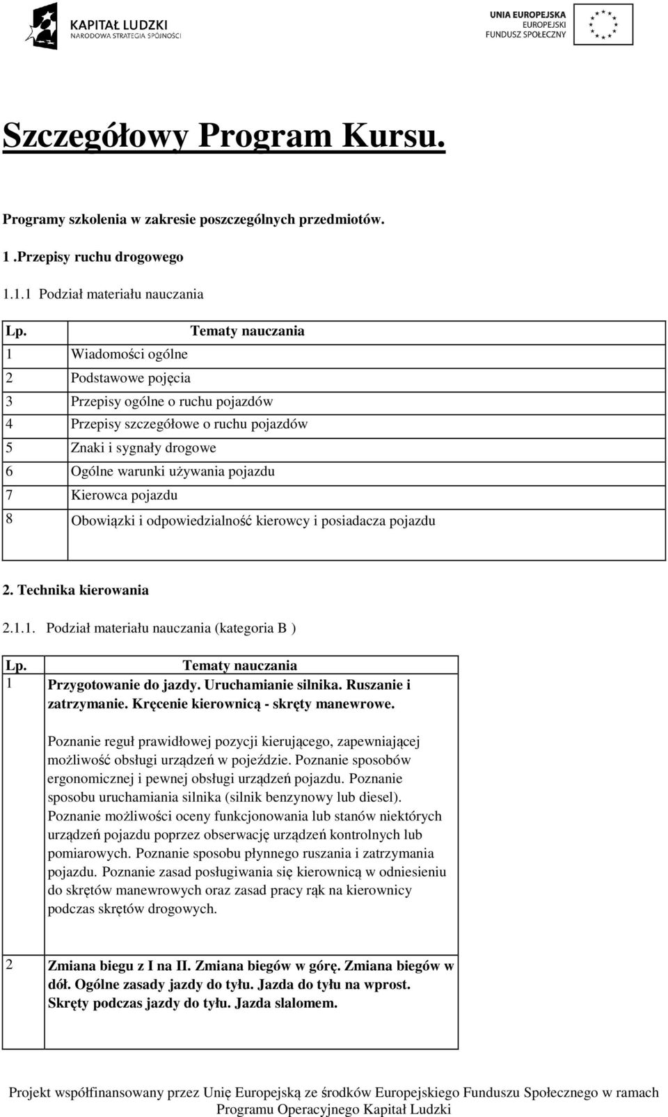 1.1 Podział materiału nauczania Tematy nauczania 1 Wiadomości ogólne 2 Podstawowe pojęcia 3 Przepisy ogólne o ruchu pojazdów 4 Przepisy szczegółowe o ruchu pojazdów 5 Znaki i sygnały drogowe 6 Ogólne