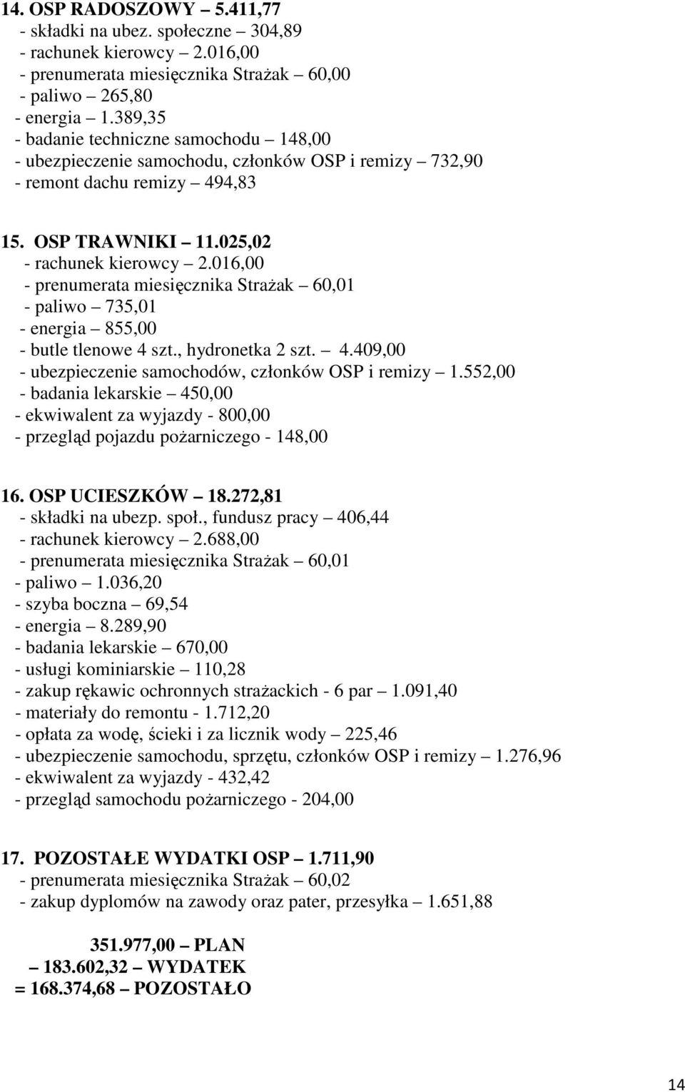 016,00 - prenumerata miesięcznika StraŜak 60,01 - paliwo 735,01 - energia 855,00 - butle tlenowe 4 szt., hydronetka 2 szt. 4.409,00 - ubezpieczenie samochodów, członków OSP i remizy 1.