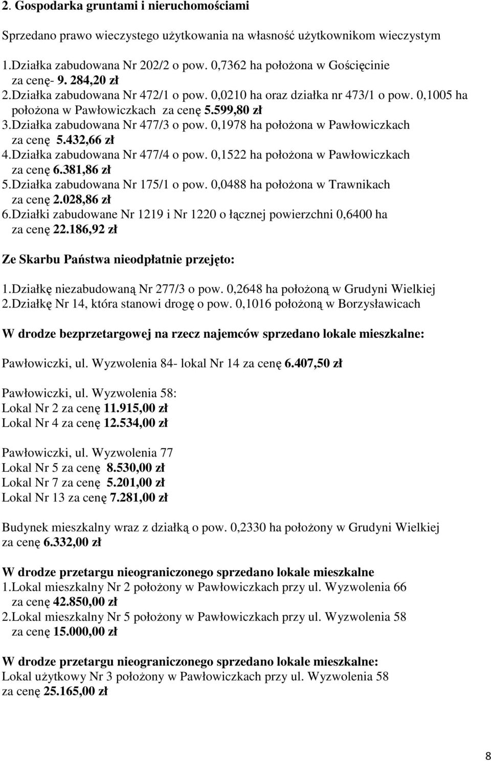 0,1978 ha połoŝona w Pawłowiczkach za cenę 5.432,66 zł 4.Działka zabudowana Nr 477/4 o pow. 0,1522 ha połoŝona w Pawłowiczkach za cenę 6.381,86 zł 5.Działka zabudowana Nr 175/1 o pow.