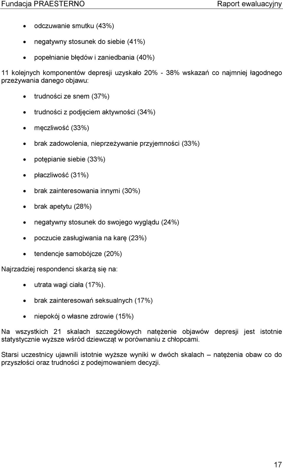 zainteresowania innymi (30%) brak apetytu (28%) negatywny stosunek do swojego wyglądu (24%) poczucie zasługiwania na karę (23%) tendencje samobójcze (20%) Najrzadziej respondenci skarżą się na: