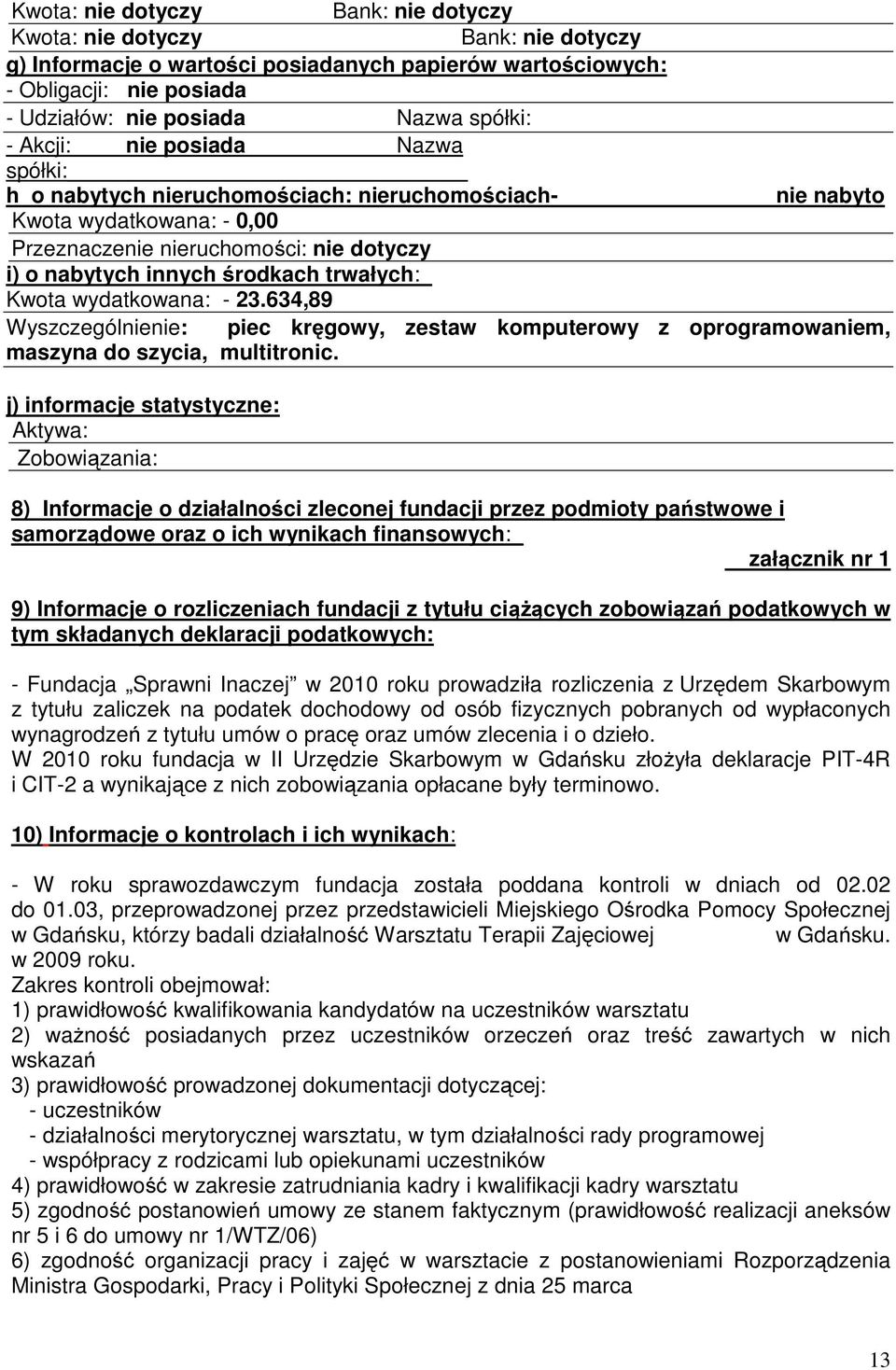 trwałych:_ Kwota wydatkowana: - 23.634,89 Wyszczególnienie: piec kręgowy, zestaw komputerowy z oprogramowaniem, maszyna do szycia, multitronic.